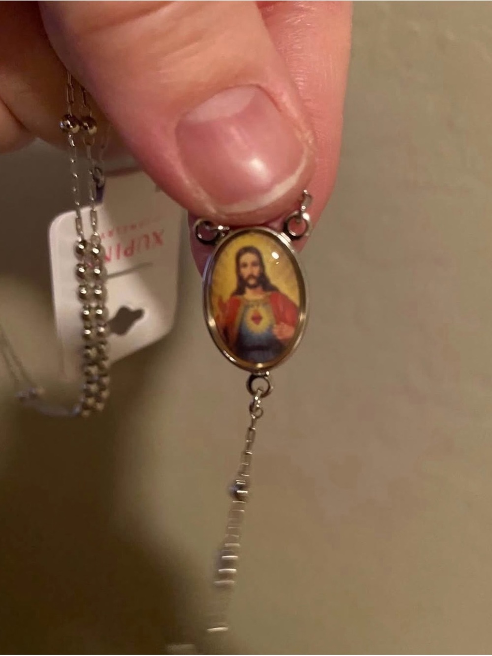 Religious Rosary Oval Medal Pendant Necklace in Yellow and Red